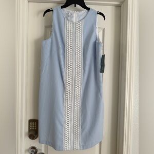 London Times Sleeveless Blue and White Striped Lace-Trim Dress